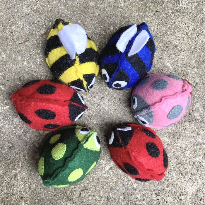 6 handmade felt bugs in different colours