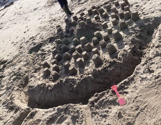 Picture of lots of little sandcastles with a moat around