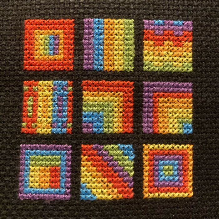 Rainbow Bonanza Lots of square rainbow Cross stitches