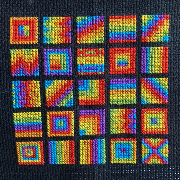 Rainbow Bonanza Lots of square rainbow Cross stitches