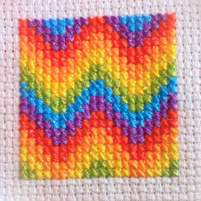 Tiny Rainbow Cross stitch squares zig zag