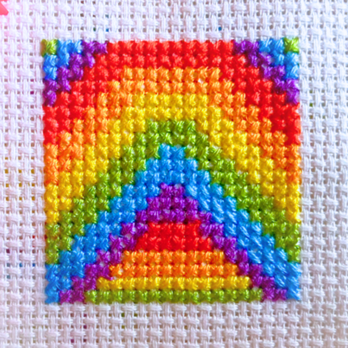 Tiny Rainbow Cross stitch squares arch