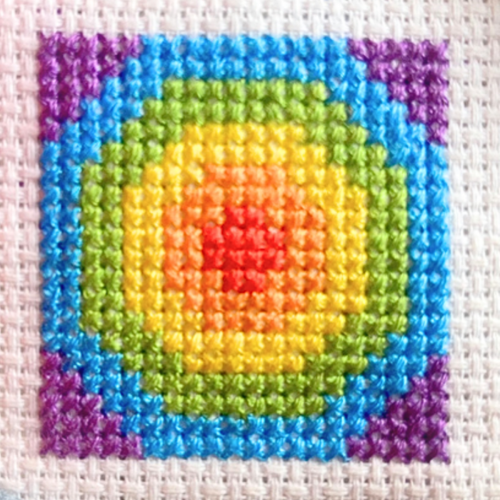 Tiny Rainbow Cross stitch squares circle