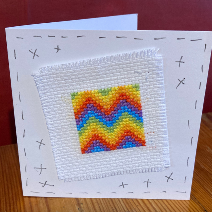 Tiny Rainbow Cross stitch squares card